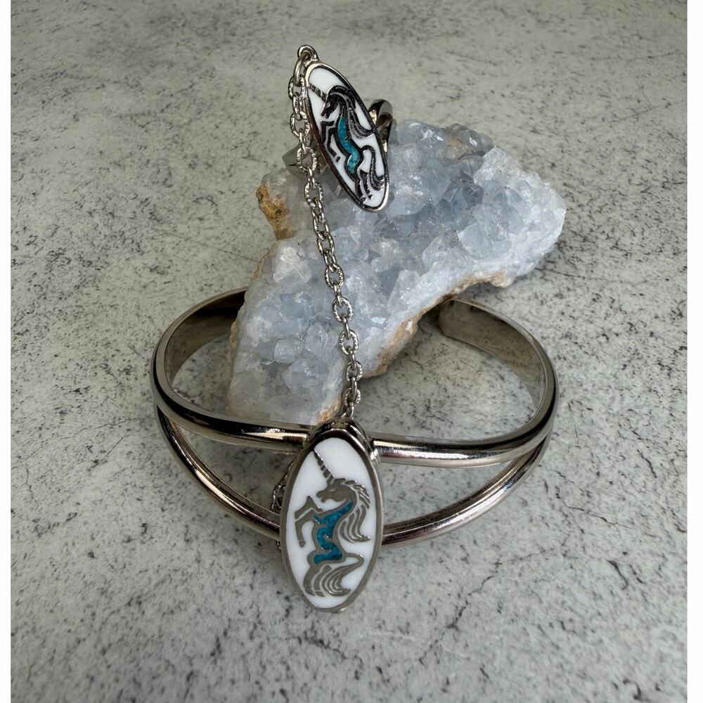 Vintage EJC Unicorn Bracelet and Ring set chain connected blue turquoise retro